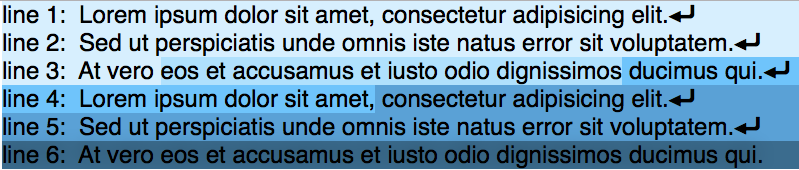 Image of lines of text with non-square boxes with slightly different background colours signifying the different segments/collections