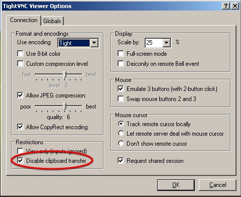 Screenshot of vncviewer settings